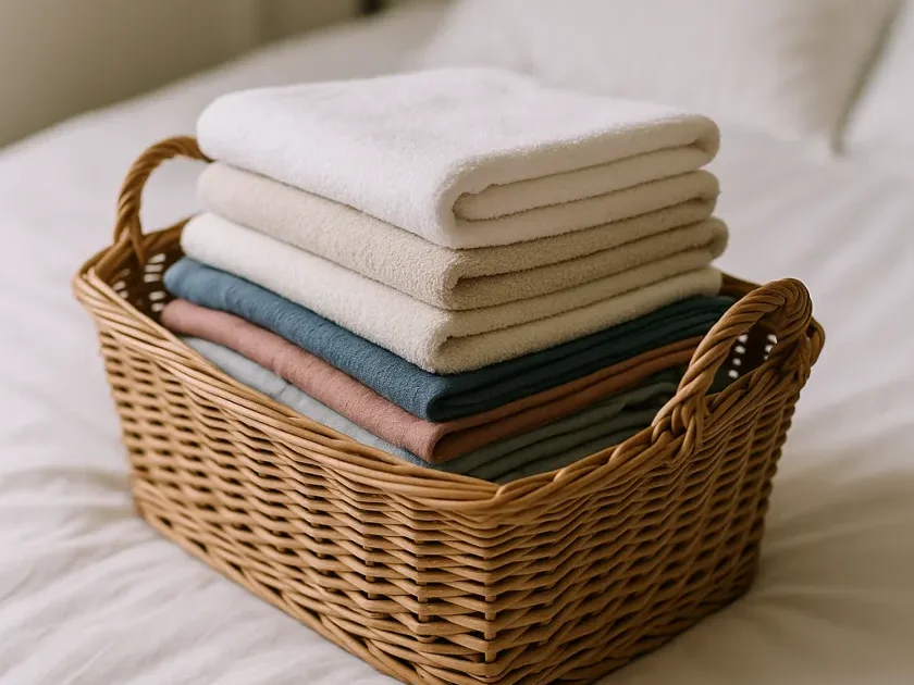 Cesta de vime com roupas e toalhas dobradas sobre uma cama.